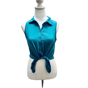 Women's Forever 21 Teal Sleeveless Tie Waist Button Down Crop Top Shirt S